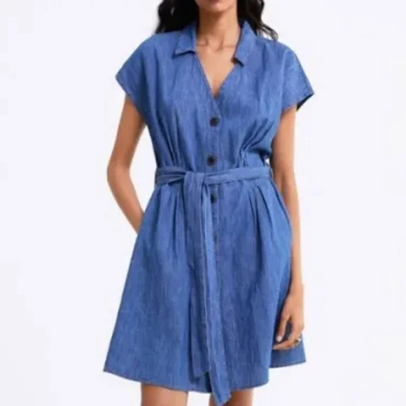 Zara Wrap Button Chambray Linen Cotton denim Medium lightweight coastal Nautical - Picture 2 of 6